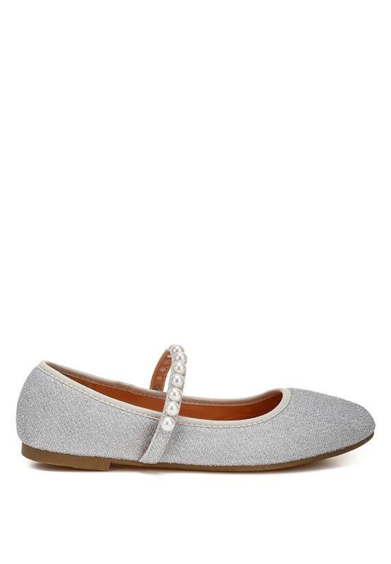 Side view of silver Corphee Pearl Strapped Glitter Ballerinas showing flexible sole and round toe.