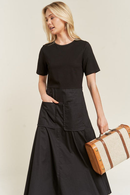 Front view of Felicity Knit Mix Dress in black with short sleeves and round neckline