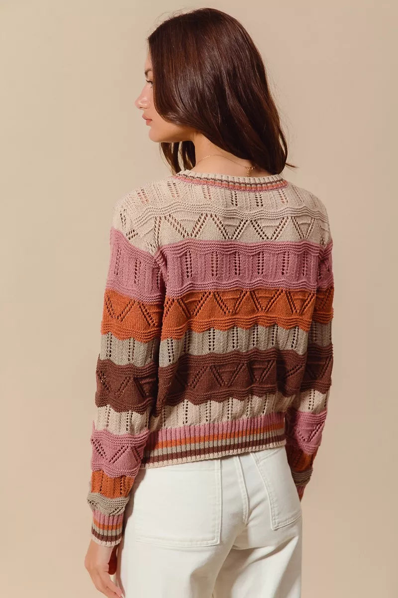 Back view of Nina Multi Color Wavy Stripe Sweater Top featuring playful multicolor wave stripes.