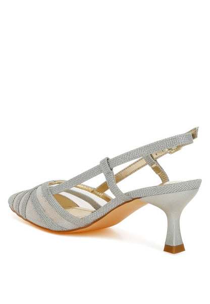 Back angle of Silver Daldra Kitten Heel Slingback Sandals highlighting slingback strap and low kitten heel