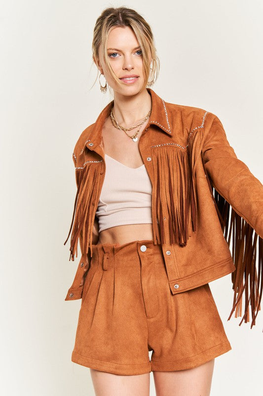 Oakley Suede Fringe Jacket in camel faux suede with button closure and classic collar.