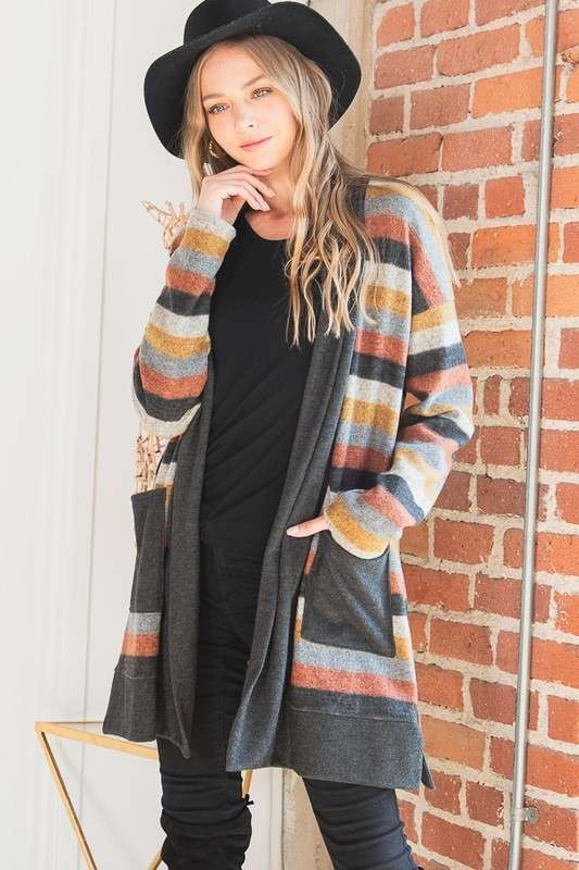 Vinni Plus Size Multi Color Stripe Cardigan styled open in front view with long sleeves and black trim