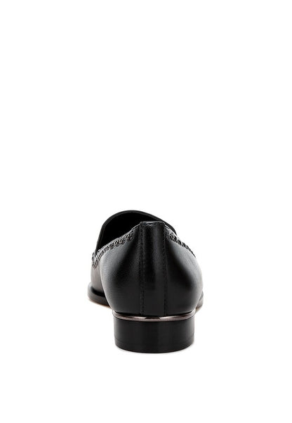 Back view of black Wolferton studded loafers with low block heel