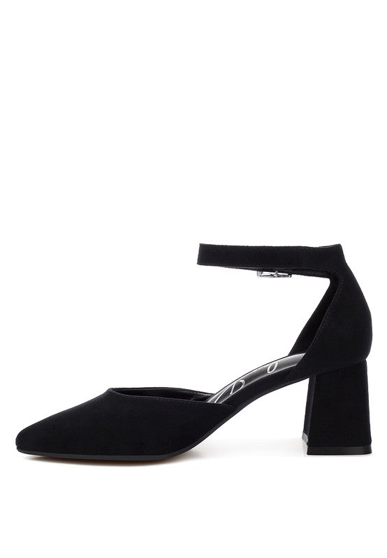 Black Rozita Block Heels highlighting soft microfiber upper and stable block heel