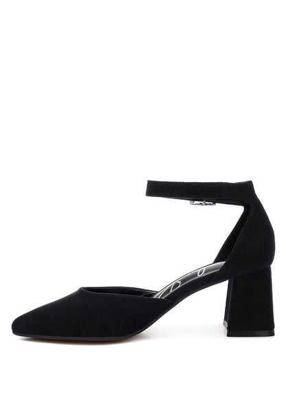 Black Rozita Block Heels highlighting soft microfiber upper and stable block heel