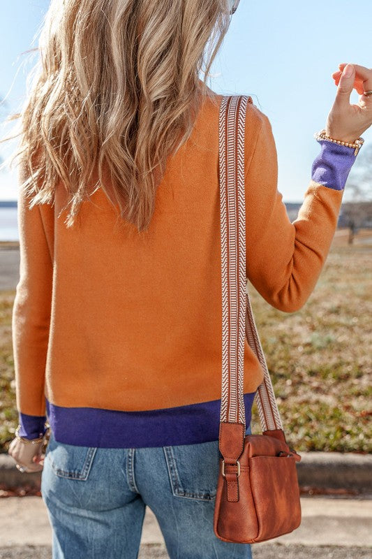 Evangeline Slim Fit Sweater back view showing pumpkin knit with purple waistband