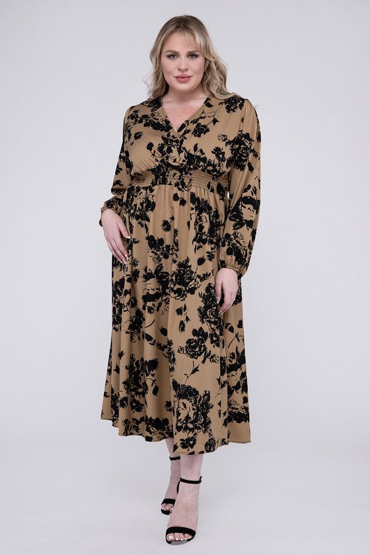 Taupe and black floral print midi dress with a V-neckline, long bishop sleeves, and a smocked high waist for a flattering silhouette.