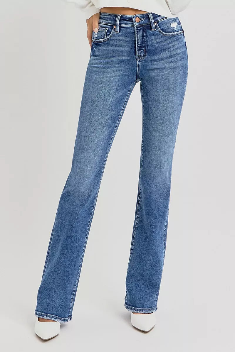 Huxley Tummy Control High Rise Straight Jeans front detail showing rise and smooth fit.