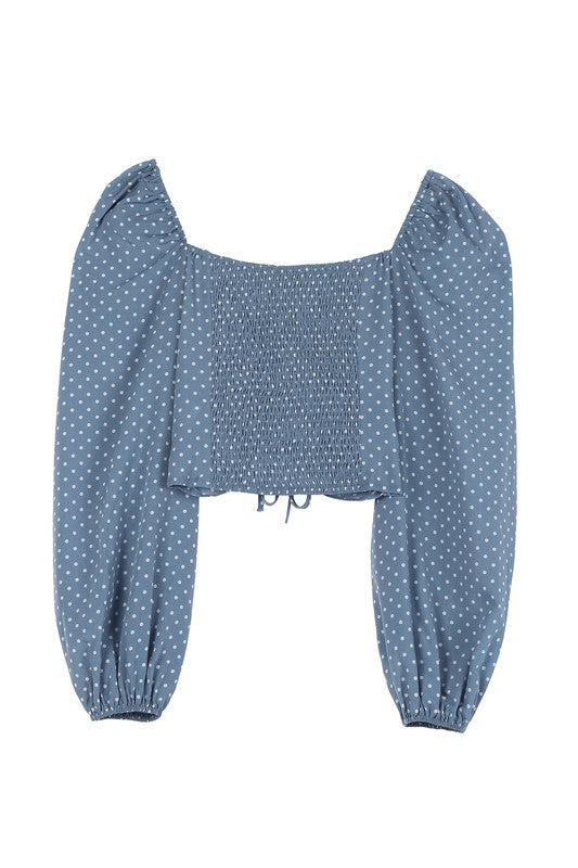 Isla Ruched Polka Dot Crop Top With Puff Sleeves