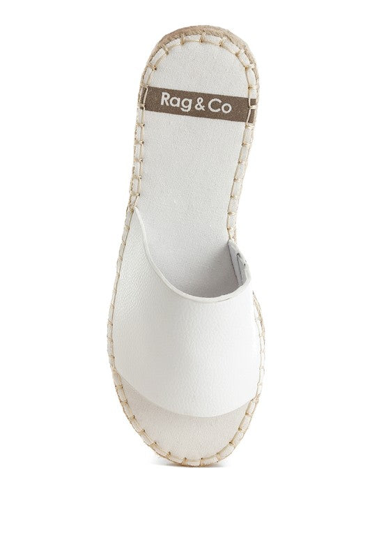 Top view of Scalar White Leather Flatforms with open round toe, white leather upper, and cushioned insole.