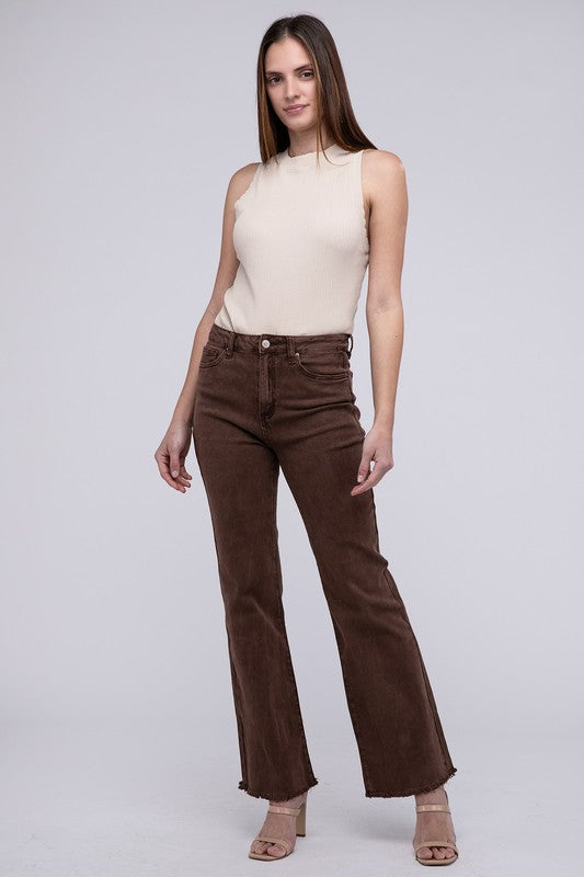 Mahogany acid-washed straight wide-leg pants featuring a frayed cutoff hem, zip fly closure, and a relaxed fit. Made with stretchy fabric for comfort and a unique vintage-inspired look.