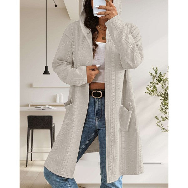 Makeda Hooded Cable Knit Cardigan in khaki, alternate front view showing relaxed fit.
