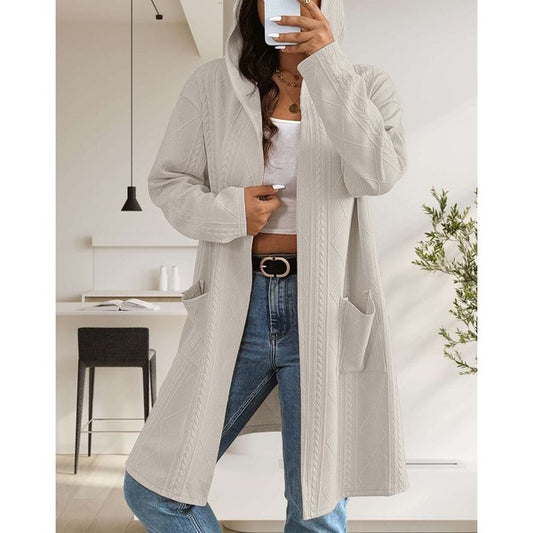 Makeda Hooded Cable Knit Cardigan in khaki, alternate front view showing relaxed fit.