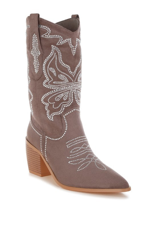 Taupe cowboy boot with rhinestone butterfly pattern and block heel