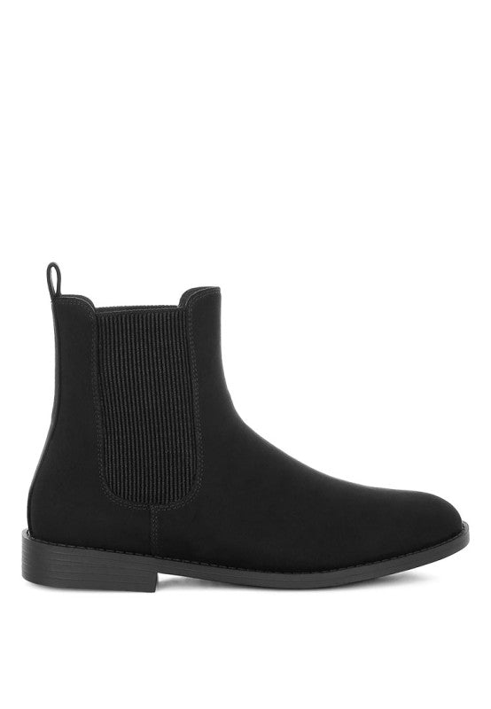 Side view of Ayasa Low Block Heel Chelsea Boots in Black with cushioned insole and sleek design