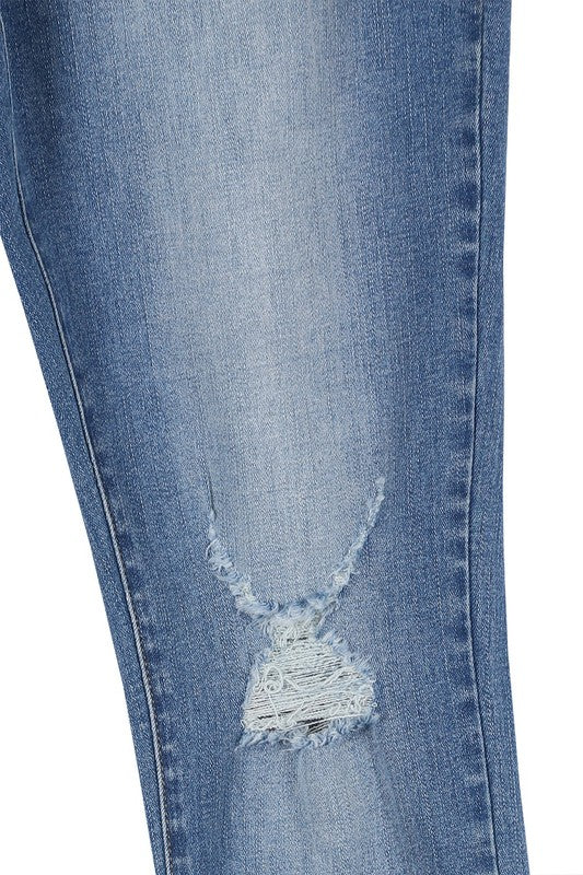 Dark wash distressed skinny jeans with high waist, zip fly, 5-pocket design, and stretch for comfort.