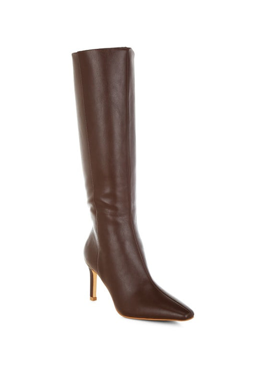 Skara Faux Leather Calf Boots in brown front angle view with stiletto heel