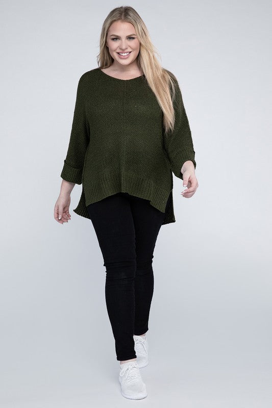 Olive green plus size crew neck sweater with a loose fit, long sleeves, and a cozy knit fabric for warmth.