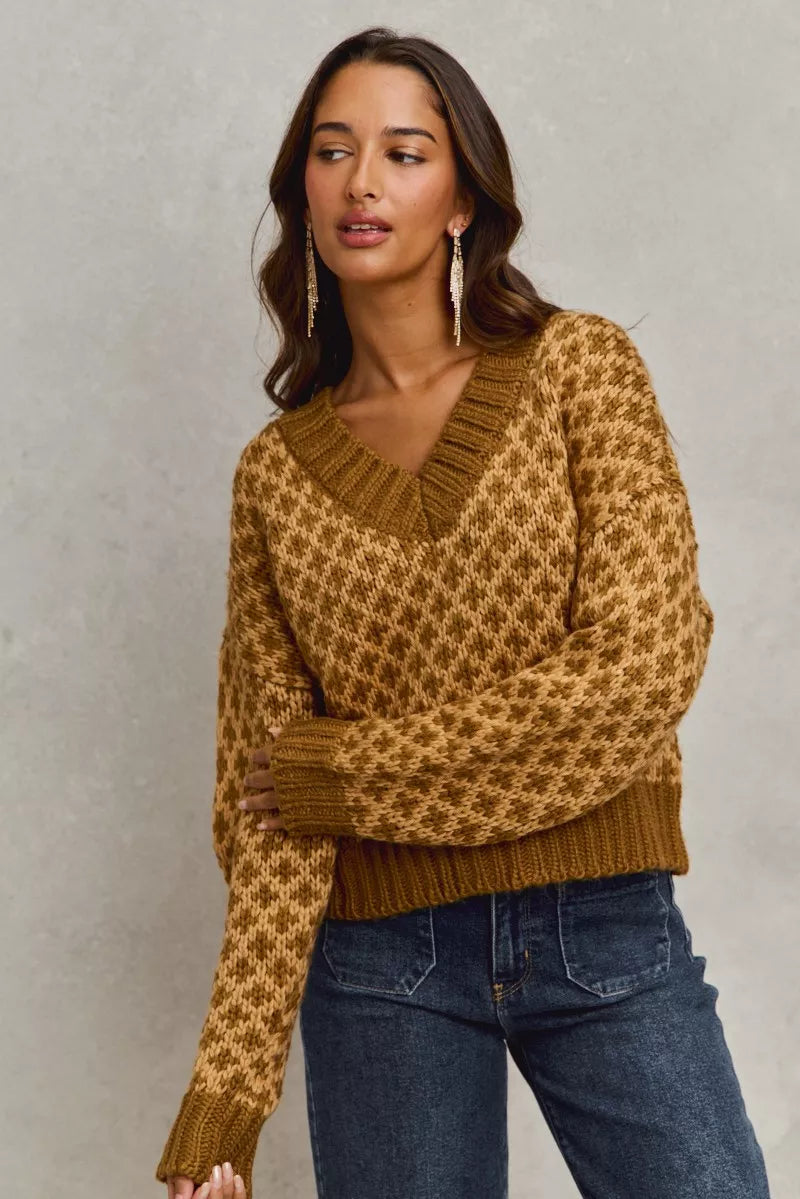 Relaxed fit Chloe color block sweater in caramel, V-neck pullover front angle with geometric knit.