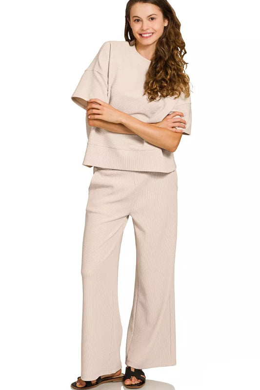 Tori Ribbed Tee & Pants Set Sand Beige front view, comfy two-piece lounge outfit.