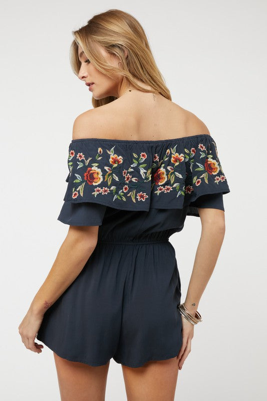 Kenzy Floral Embroidered Off Shoulder Romper