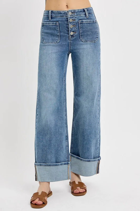 Front view of Asher high rise wide leg jeans in medium wash with button fly, patch pockets, and cuffed hem – by RISEN
