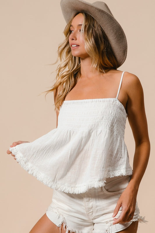 Alice Fringed Hem Smocked Cami In Off White