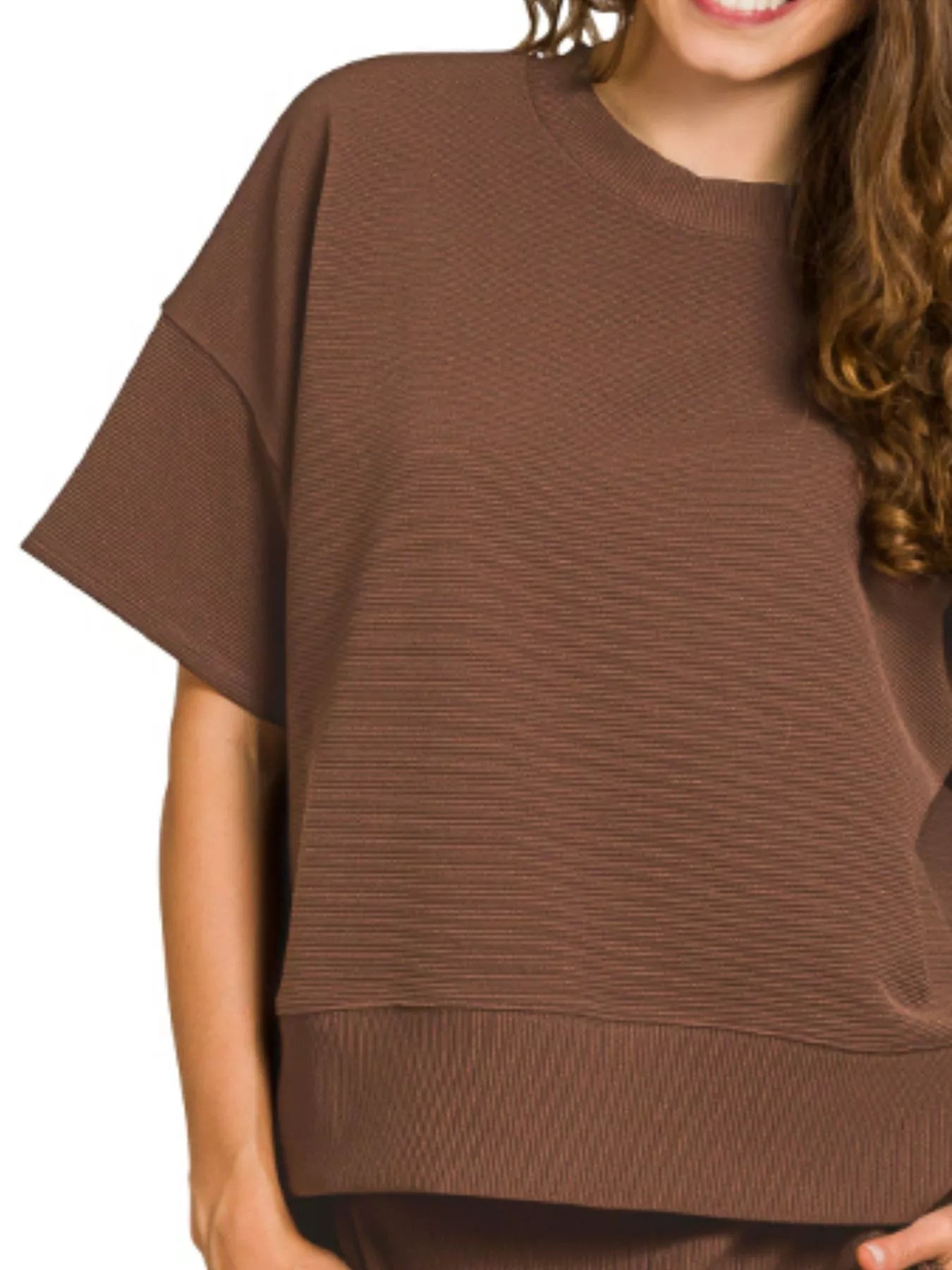 Tori Ribbed Tee & Pants Set Brown – close-up showing ribbed fabric texture and soft stretch.