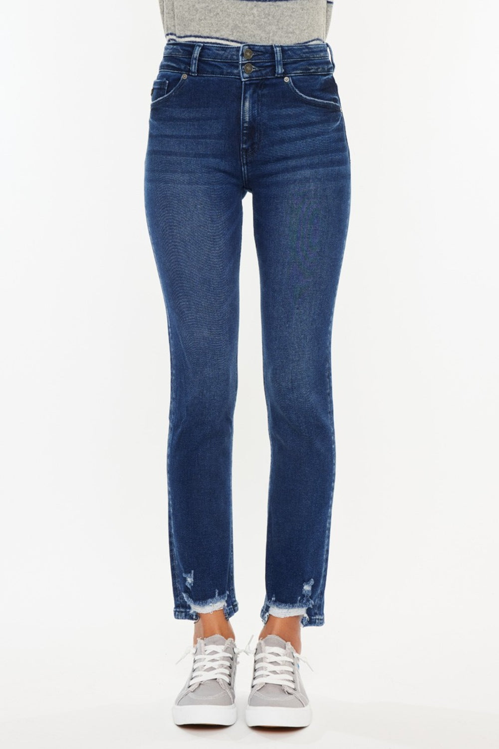 Dark high-rise slim straight jeans with a slightly stretchy fit, raw hem, and pockets