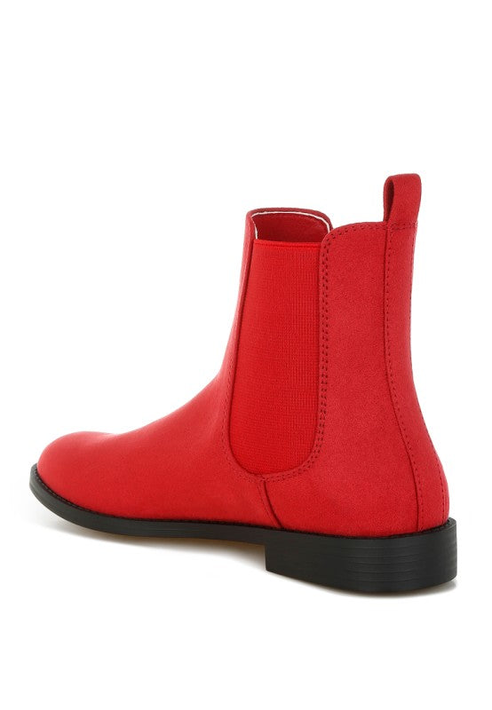 Back angle top view of Ayasa Low Block Heel Chelsea Boots in Red with pull tab and ankle fit