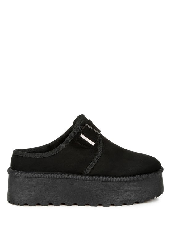 Mayfield Buckle Strap Fur Slip-Ons black side view highlighting fur lining
