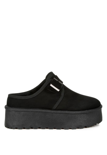 Mayfield Buckle Strap Fur Slip-Ons black side view highlighting fur lining