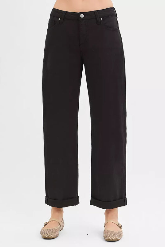 Trina Black Wide-Leg Barrel Jeans – front view, tummy control mid rise fit.