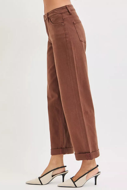 Nessa Cocoa Barrel Jeans side view tummy control mid rise ankle length.