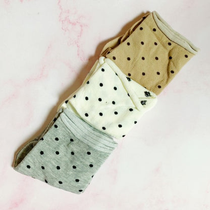 Packaged Precious Polka Dot Socks Set of 3 with sage, cream, and beige pairs.