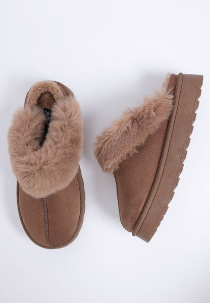 Top view of Brown Portho Faux Fur Slip Ons displaying cushioned insole and rich tone.