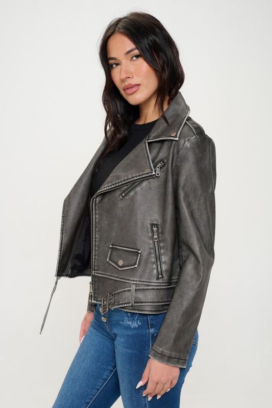 Stormy Zip Up Biker Jacket with Belt In Black