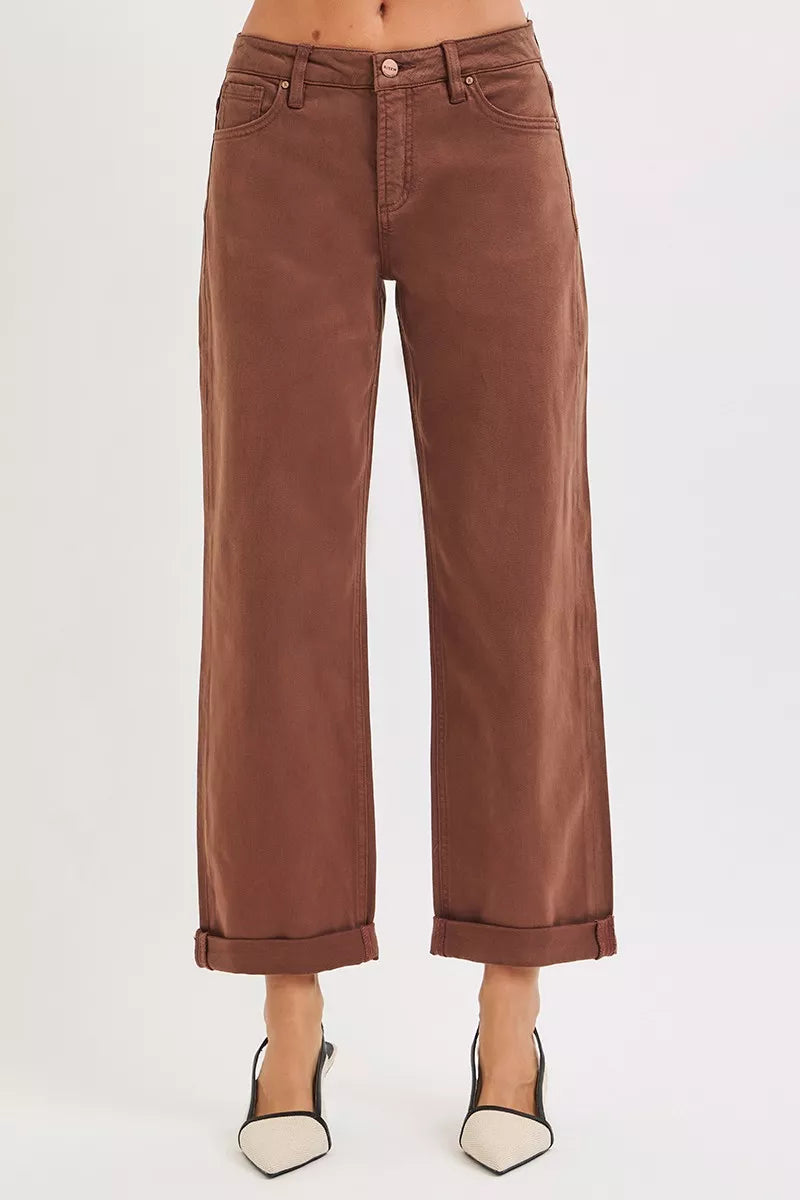 Nessa Cocoa Mid Rise Barrel Jeans wide leg cuff hem detail ankle crop.