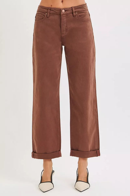 Nessa Cocoa Mid Rise Barrel Jeans wide leg cuff hem detail ankle crop.