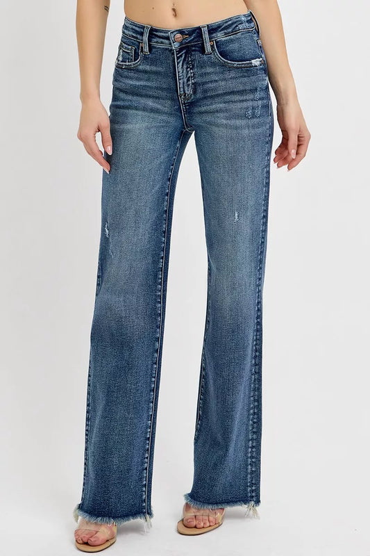Vivica High Rise Straight Jeans in dark wash, tummy control waistband and distressed details