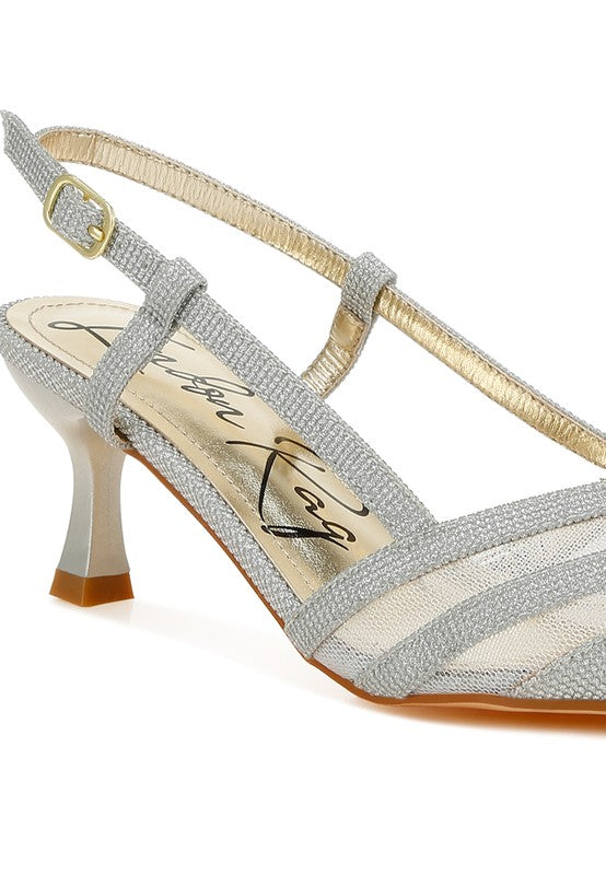 Close-up of Silver Daldra Kitten Heel Slingback Sandals showing glitter fabric and pointed toe detail