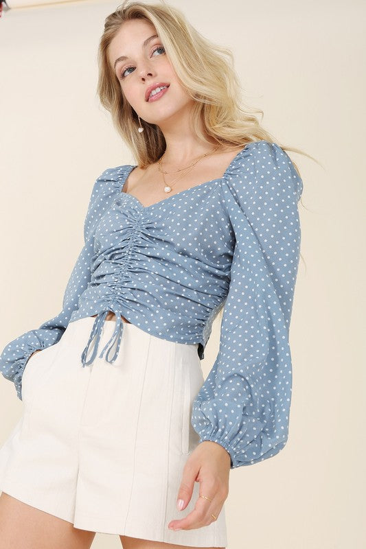 Isla Ruched Polka Dot Crop Top With Puff Sleeves