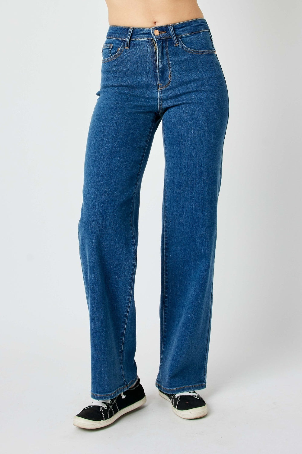 Judy Blue high-rise straight leg jeans in a medium wash with moderate stretch.