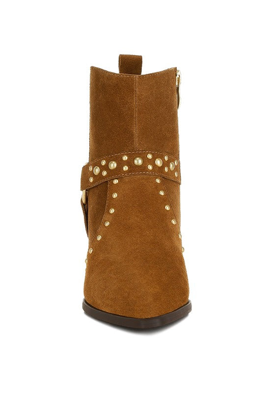 Rodeo Studded Suede Ankle Boots Taupe pointed toe design with stud details front view