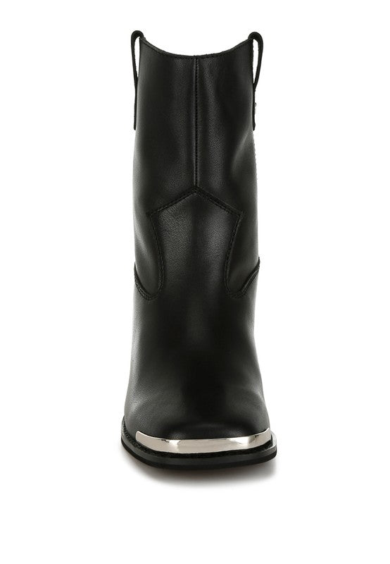 Iliad Leather Ankle Boots close-up front showing shiny metallic toe cap and curved paneling.