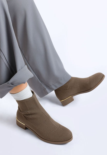 Top angle of taupe Rosamund Boots highlighting cushioned insole and knit texture.