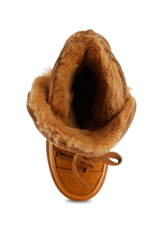 Top angle of Tan Noaya Chunky Faux Fur Snow Boots highlighting plush fur and sturdy build.
