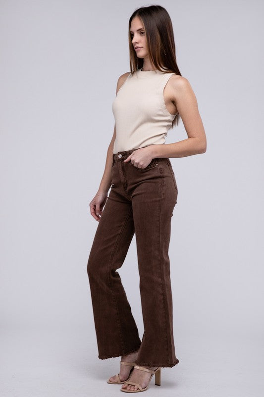 Mahogany acid-washed straight wide-leg pants featuring a frayed cutoff hem, zip fly closure, and a relaxed fit. Made with stretchy fabric for comfort and a unique vintage-inspired look.