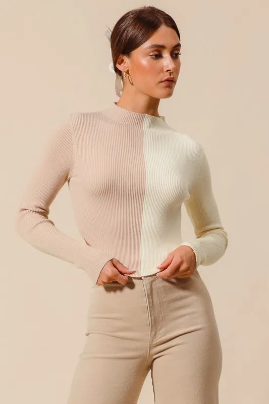 Front view of Bess Color Block Crop Sweater Top, ribbed taupe and ivory knit, fitted silhouette.