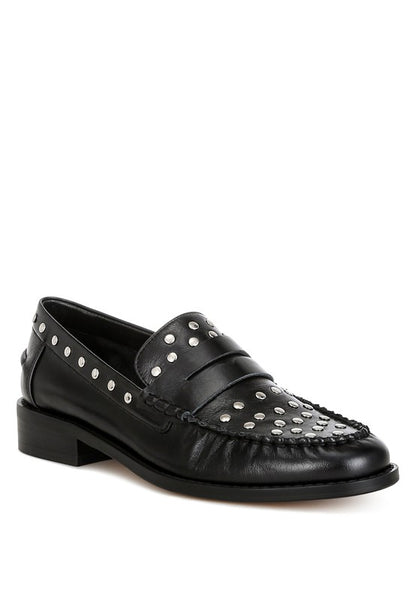 Front angle of Black Oglavia Studded Leather Loafers with edgy stud embellishments and round toe.